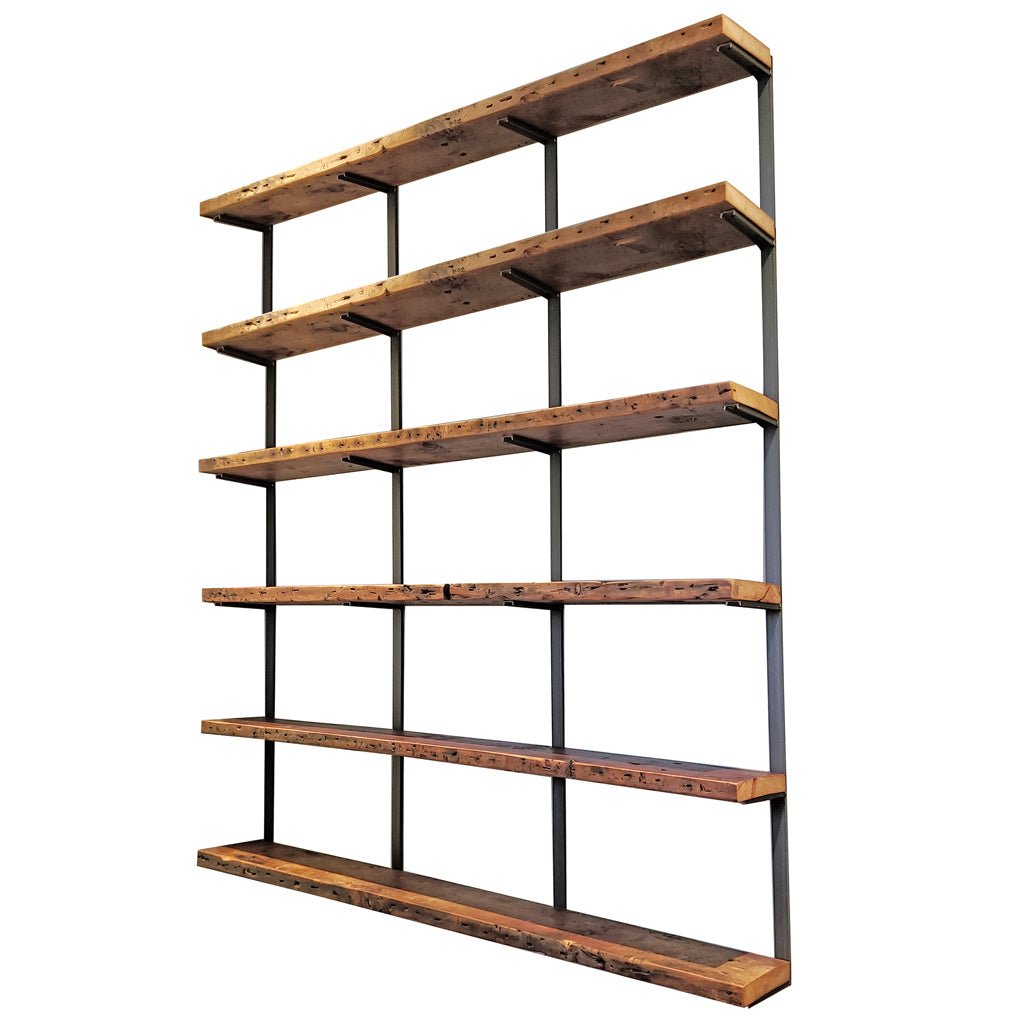 tall bookshelf 6 tier reclaimed wood and steel brackets. 72"L x 89.5"H Vault Furniture