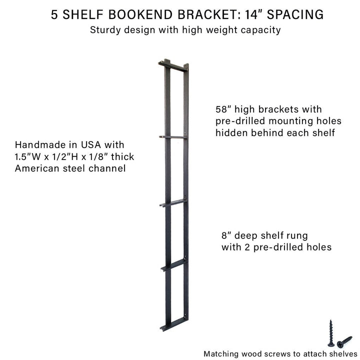 Tall wall shelf bracket made of solid steel 5-tier 58"H with bookend detail