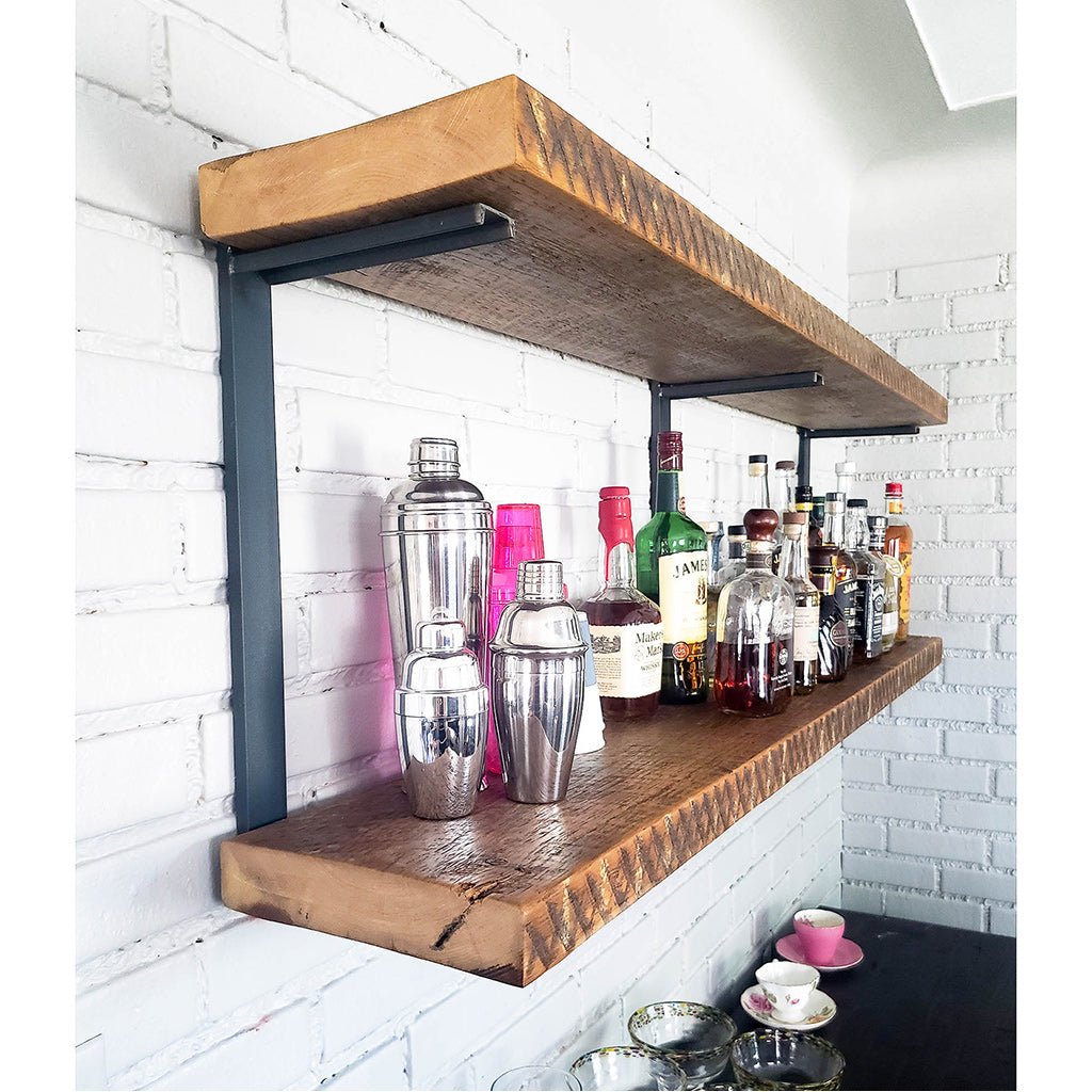 Wall Mount bar shelf 20 inch reclaimed pine steel. Made in USA by Vault Furniture