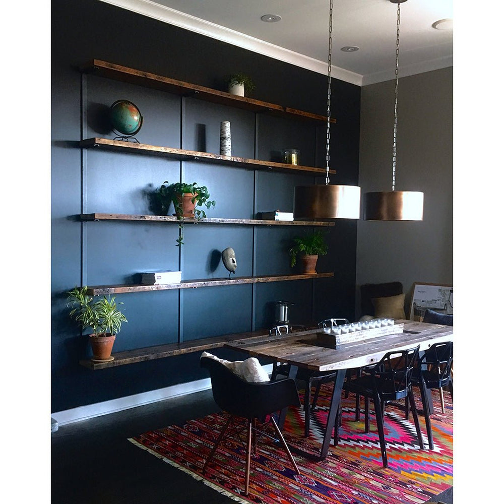 big wall book-shelf with reclaimed wood shelving steel bracket 5 shelf unit made USA by Vault Furniture