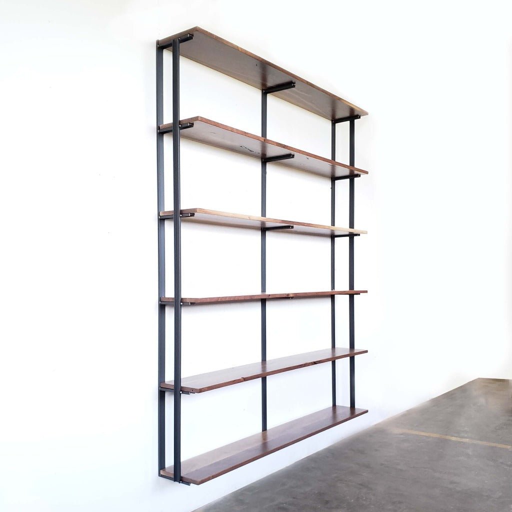tall bookcase solid black-walnut shelves, 6-tier steel shelf support. American made by Vault-furniture