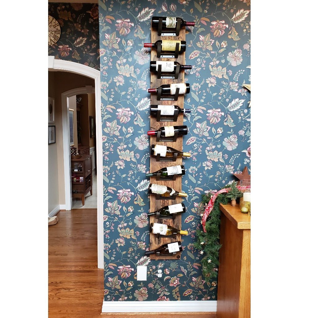 Rustic Industrial Wall mount 12 Bottle wine rack. Handmade from reclaimed pine and steel by Vault Furniture